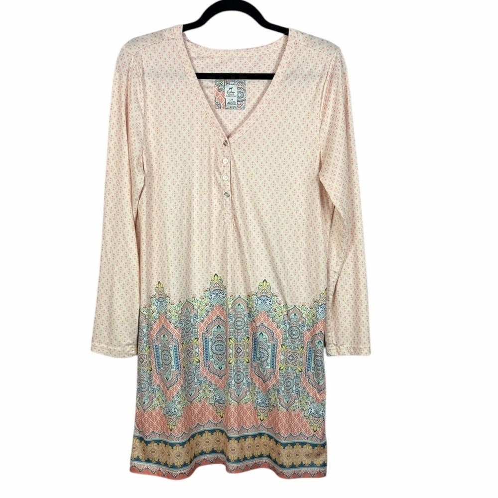 Echo Geometric Medallion Printed Soft Henley Long Sleeve Sleepwear Tunic Large